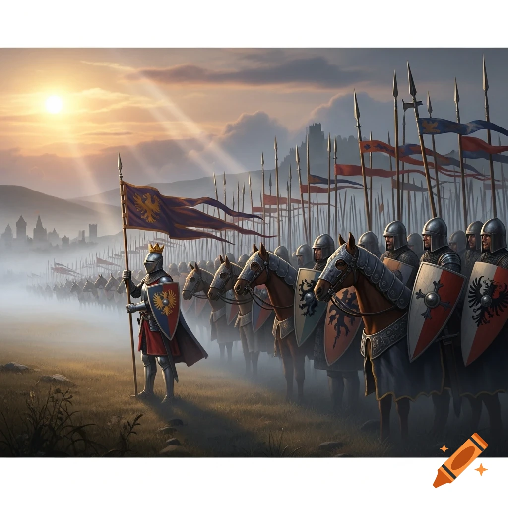 A medieval army of armored knights on horseback with spears and shields ...