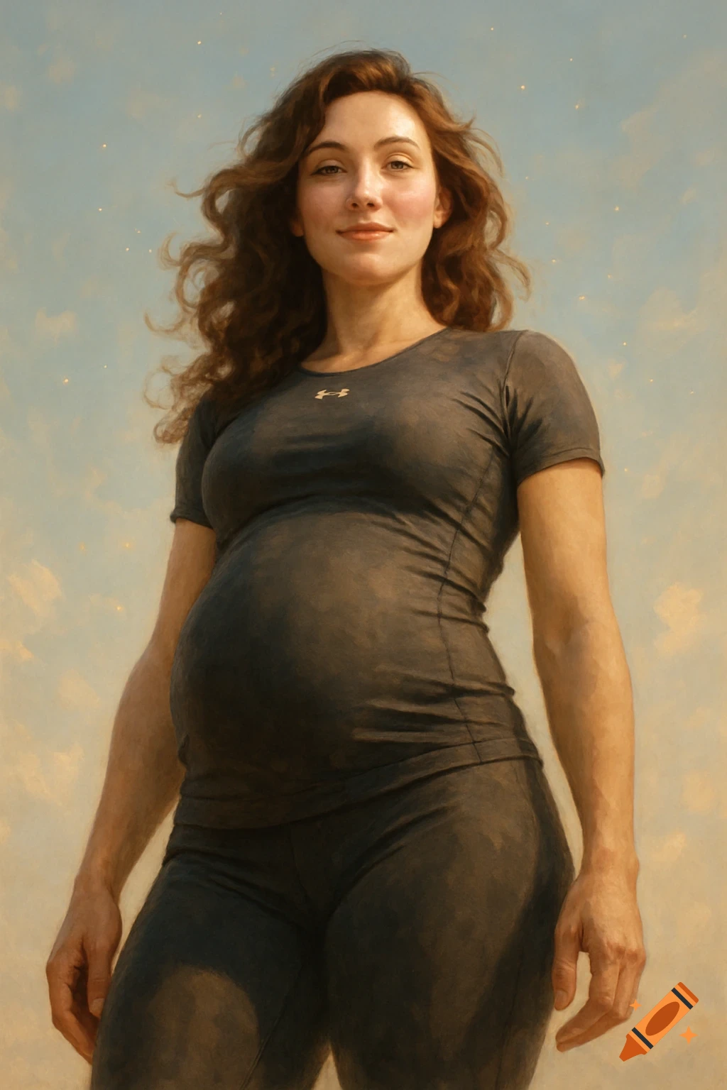 A smiling pregnant woman with long brown curly hair, wearing a dark athletic top and leggings against a cloudy sky.