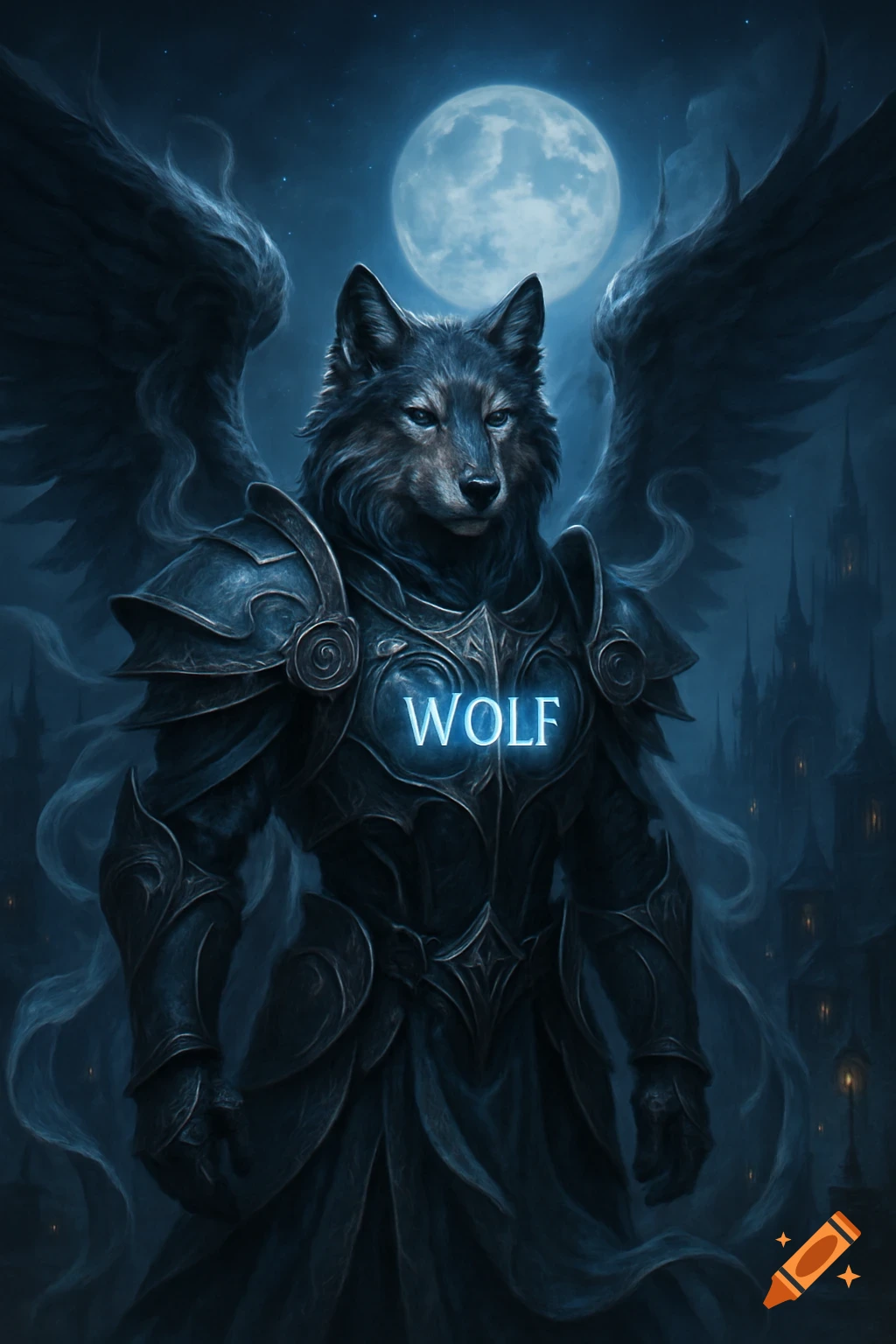 A majestic winged wolf-creature in dark fantasy armor with 'WOLF' on its chest, standing before a full moon and gothic city.