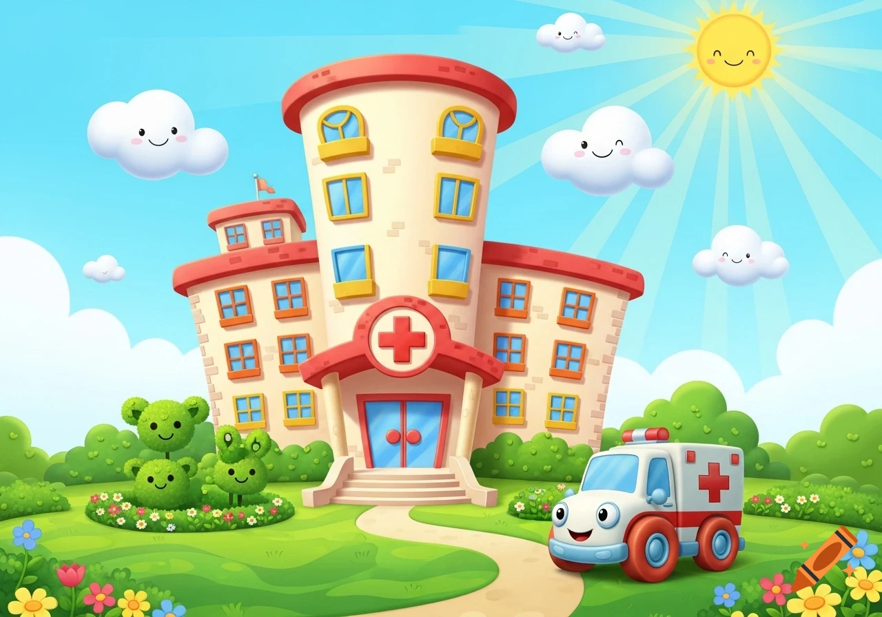 A cheerful cartoon hospital with a red cross, an ambulance with a smiling face, and whimsical smiling clouds and sun in a bright green landscape.