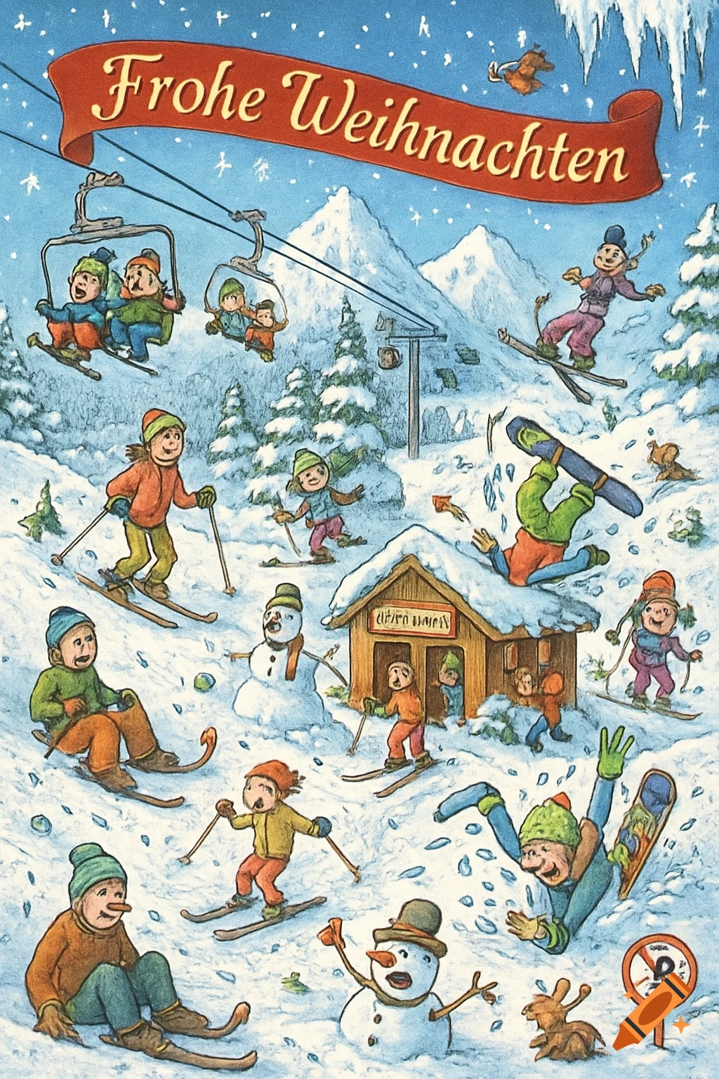A whimsical Christmas postcard with cartoon children skiing and snowboarding in a snowy mountain landscape, featuring many comical mishaps. A banner reads "Frohe Weihnachten".