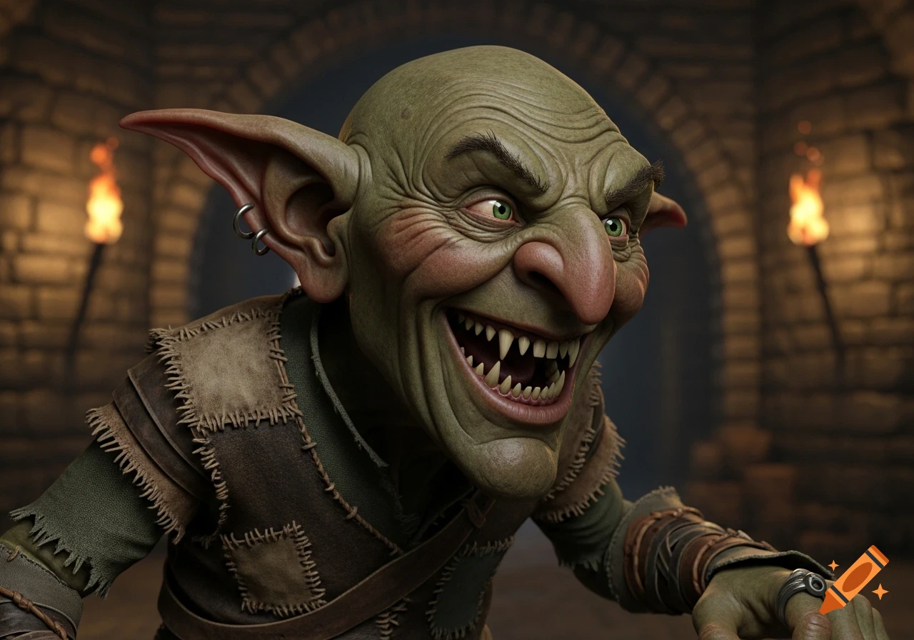 Close-up of a green-skinned goblin with large ears and sharp teeth, grinning menacingly in a torchlit dungeon.