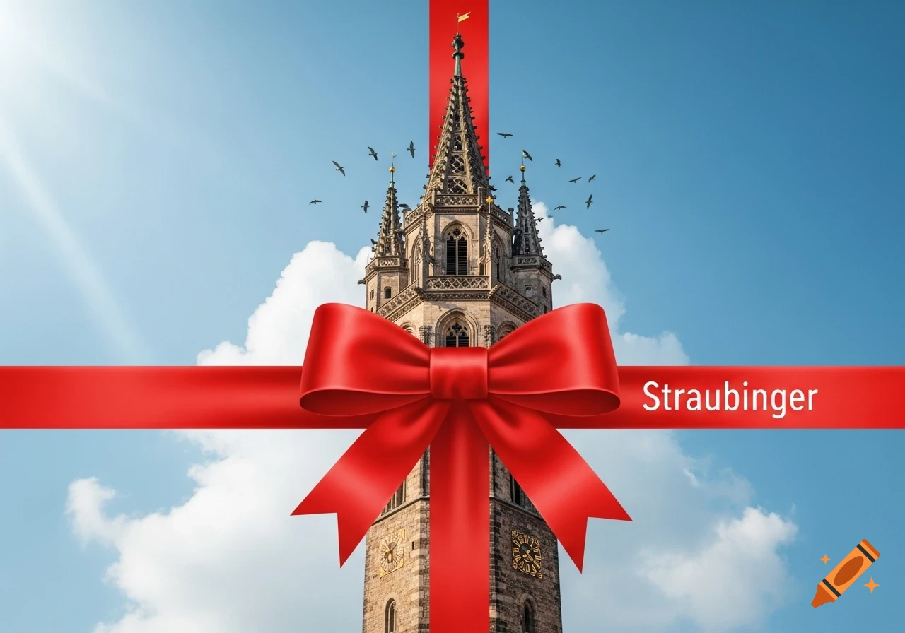 An ornate stone clock tower, the Straubinger Stadtturm, is wrapped with a vibrant red ribbon and bow against a bright blue sky with birds.