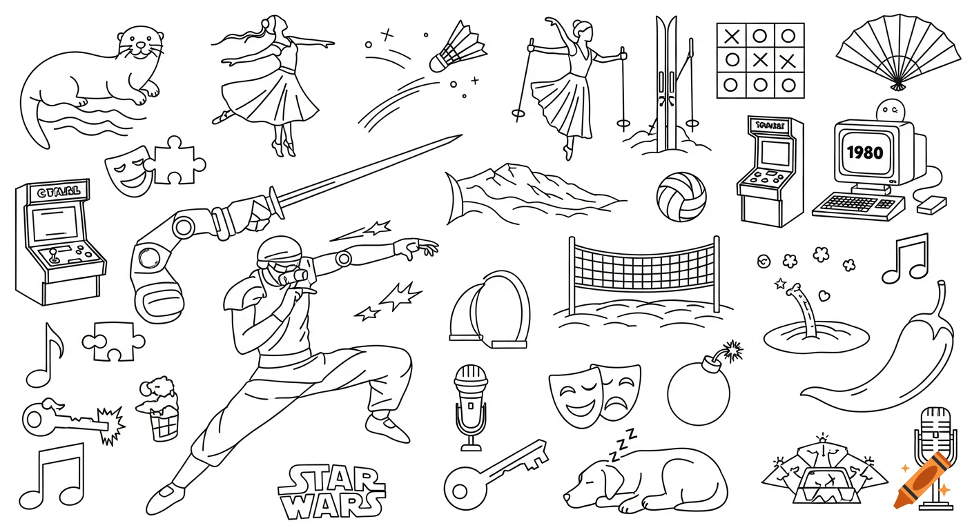 A white background filled with various black outline drawings including an otter, dancers, badminton, skis, Tic-Tac-Toe, a fan, arcade machines, a computer, a robot arm with a sword, a martial artist, a chili, a volleyball, a net, keys, a bomb, music notes, puzzle pieces, theater masks, a sleeping dog, a microphone, and the 'Star Wars' logo.