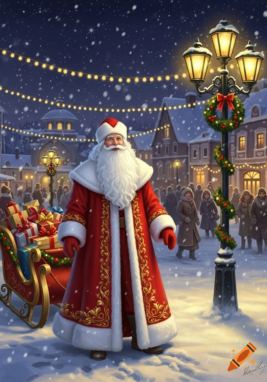 Santa Claus in a red suit stands in a snowy Christmas village square with a sleigh of presents, festive lights, and a decorated lamppost at night.