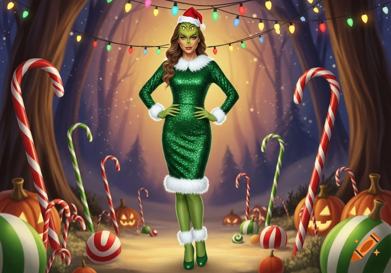 An attractive Grinch-like woman in a sparkly green dress and Santa hat stands amidst candy canes and jack-o'-lanterns, with holiday lights strung above.