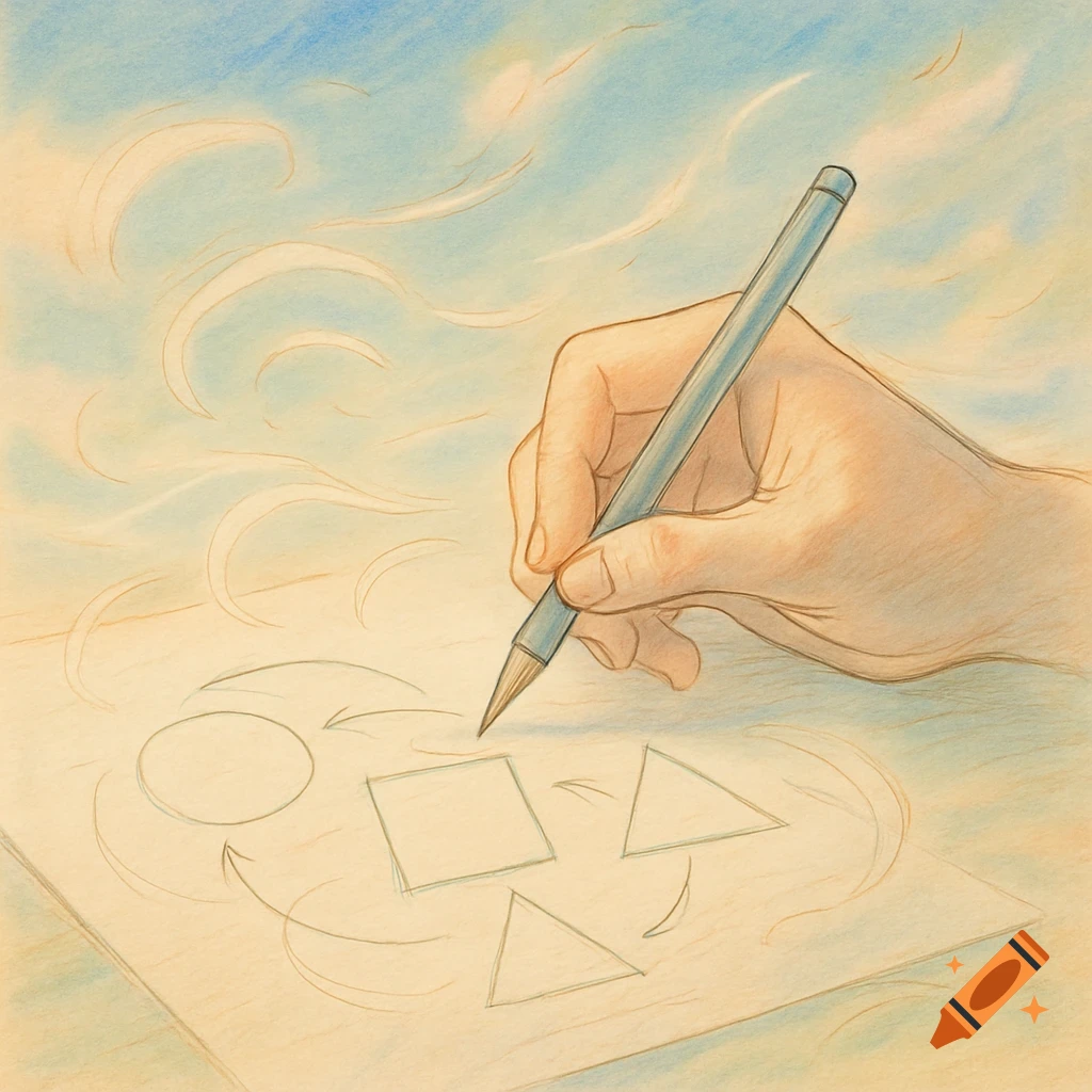 A hand draws geometric shapes with connecting arrows on paper, against a sky background, in a soft colored pencil sketch style.