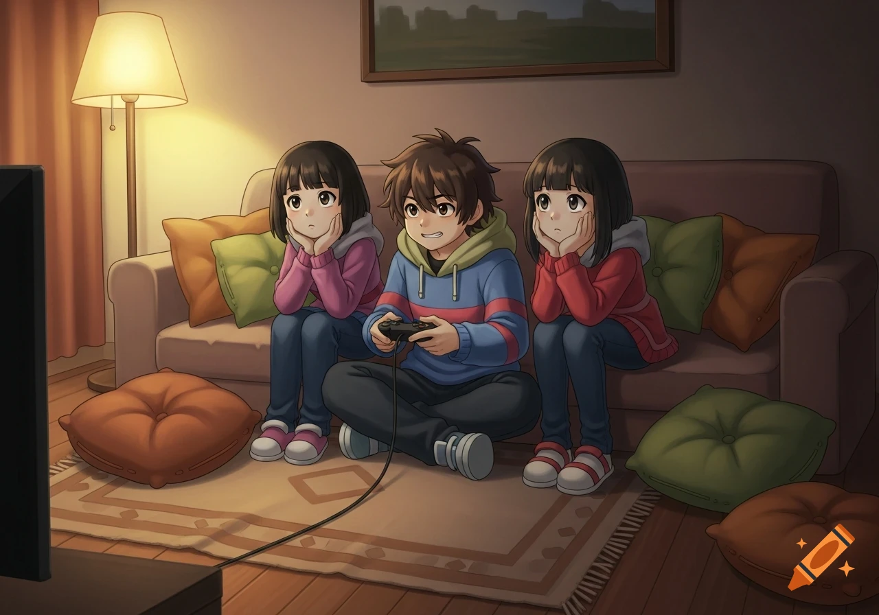 Three anime-style children in a dimly lit living room, one playing a video game on the floor while two others watch from a sofa.