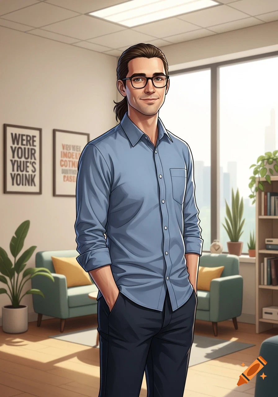 A cartoon illustration of a smiling man with glasses and a ponytail, wearing a blue shirt, standing in a modern office.