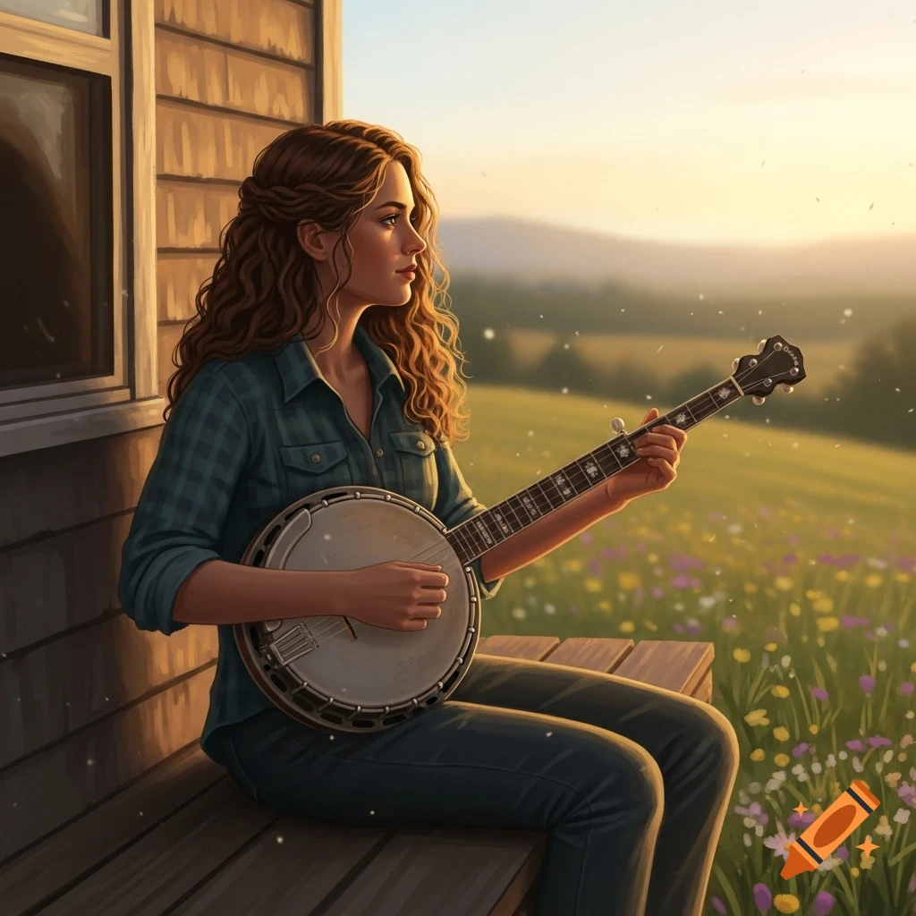 A young woman with curly brown hair plays a banjo on a wooden porch, looking out at a sunlit green field with wildflowers.