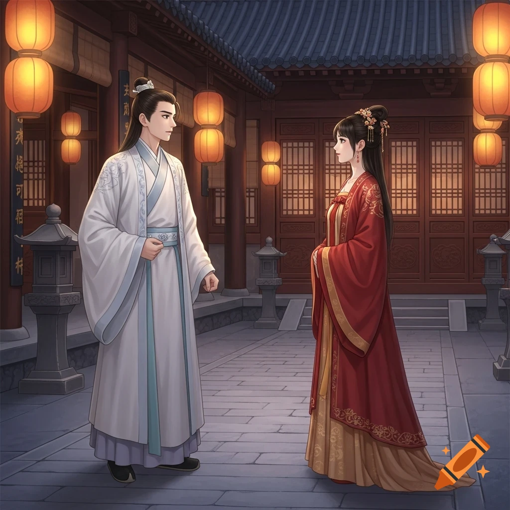Anime drawing of a man and woman in traditional Chinese attire standing in a lantern-lit courtyard.
