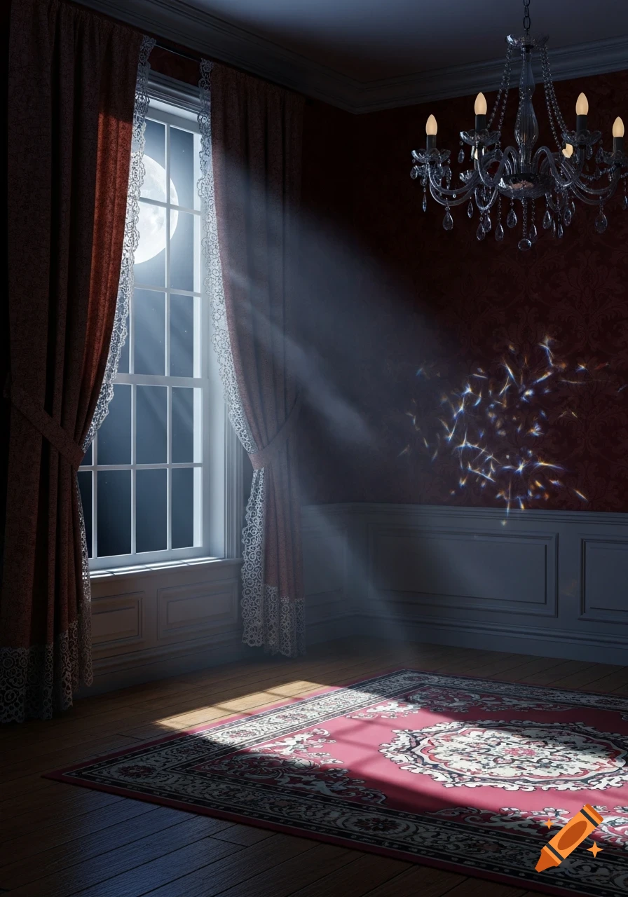 Dark Victorian room with moonlight shining through a window onto a red patterned rug, featuring a crystal chandelier.