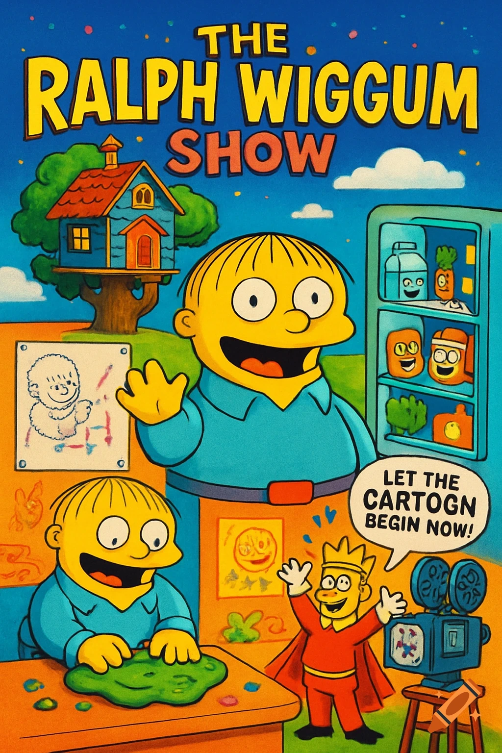 A colorful cartoon poster for "The Ralph Wiggum Show," featuring Ralph welcoming viewers, playing with slime, interacting with talking food, and The Cartoon King shouting a catchphrase.