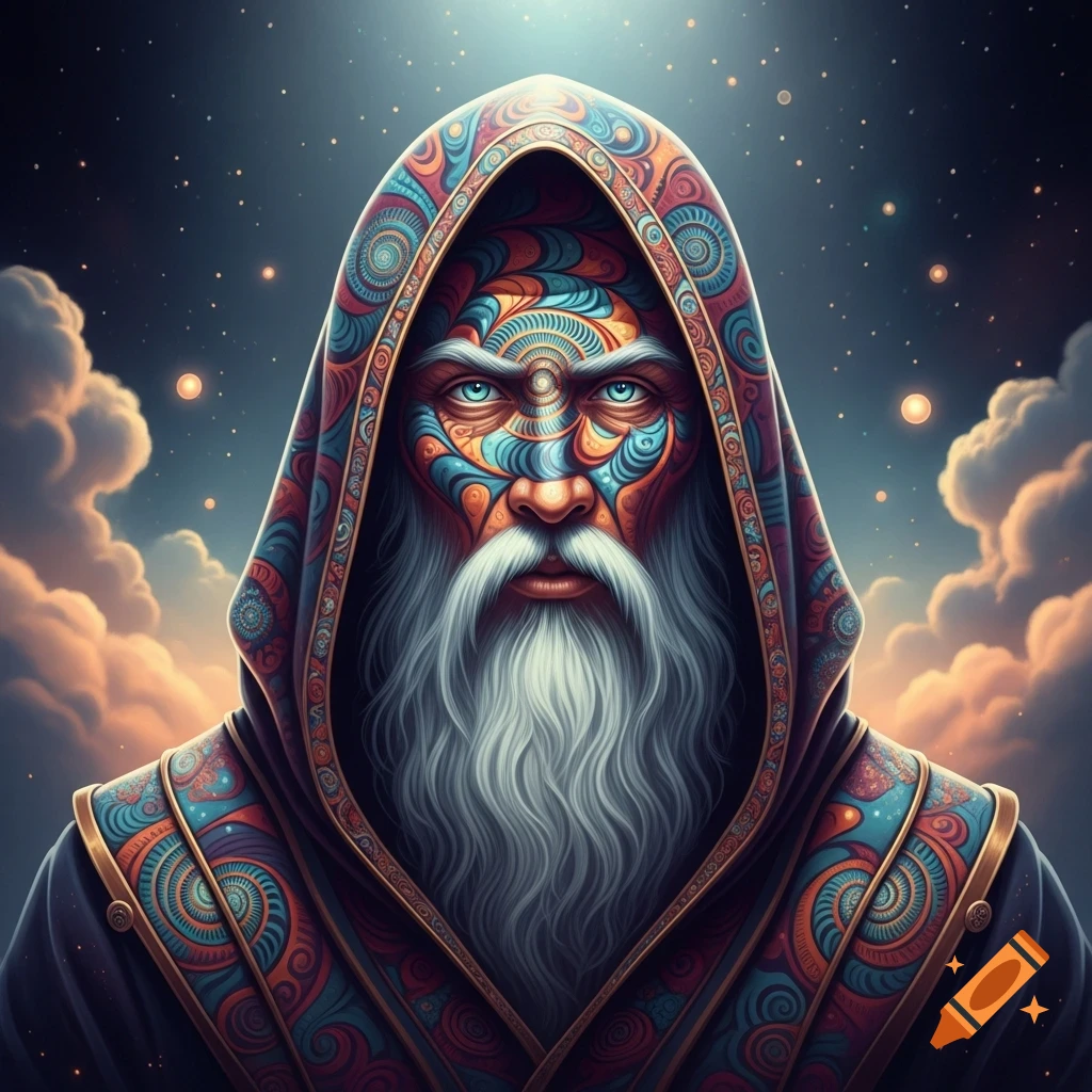 Detailed portrait of a mystical wizard with a white beard, colorful spiral patterns on his face and hooded robe, against a starry night sky.