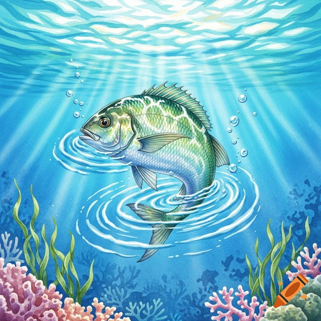 A green and blue fish creates ripples in a vibrant underwater scene with coral and seaweed, illuminated by light rays.