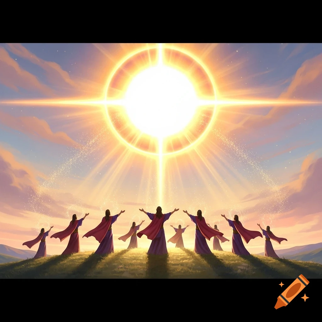 Stylized illustration of figures in robes with raised arms worshiping a brilliant sun in a vibrant sky.