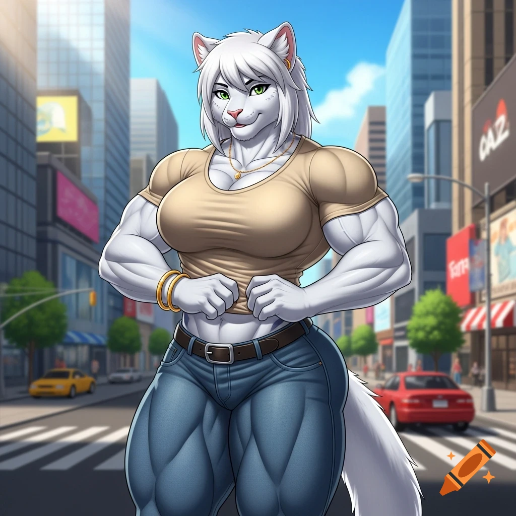 An athletic anthropomorphic white cat woman in a beige t-shirt and blue jeans poses on a city street, illustrated.