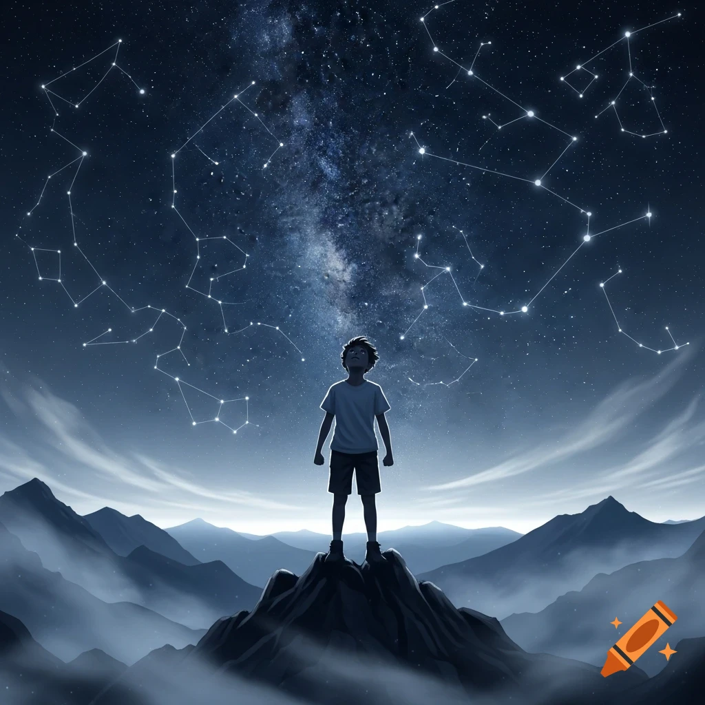 A boy stands on a mountain peak, gazing up at a starry night sky filled with constellations and the Milky Way.