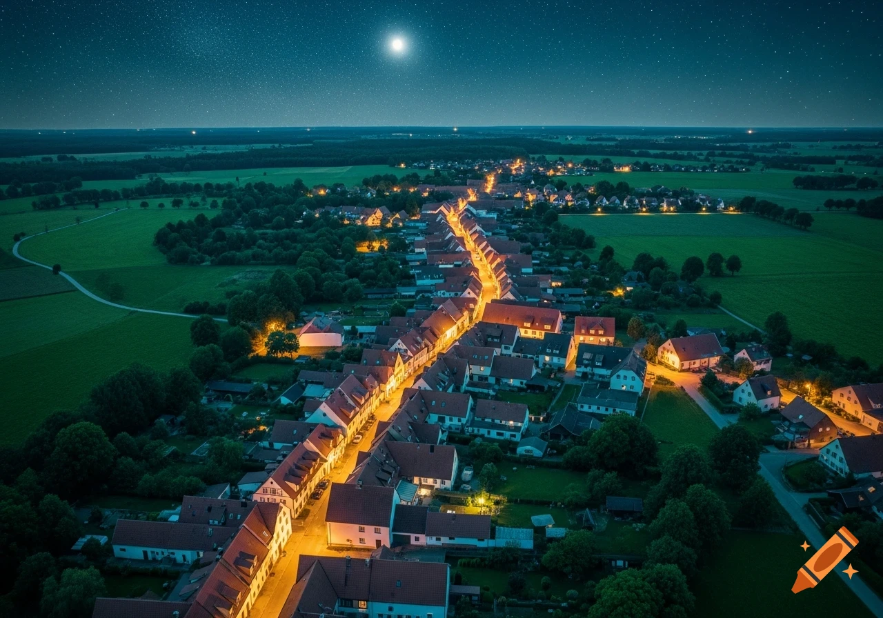 Aerial view of a village with illuminated houses along a street, surrounded by green fields under a starry night sky and a bright moon.