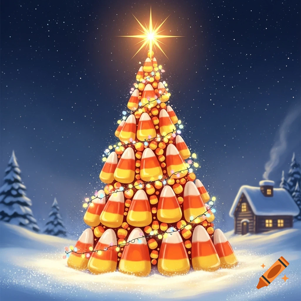 A whimsical Christmas tree made of candy corn with lights and a star on top, set in a snowy night landscape with a cozy cabin.