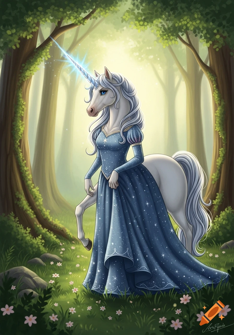 A beautiful unicorn-princess with a glowing horn wears a long blue dress in an enchanted forest.