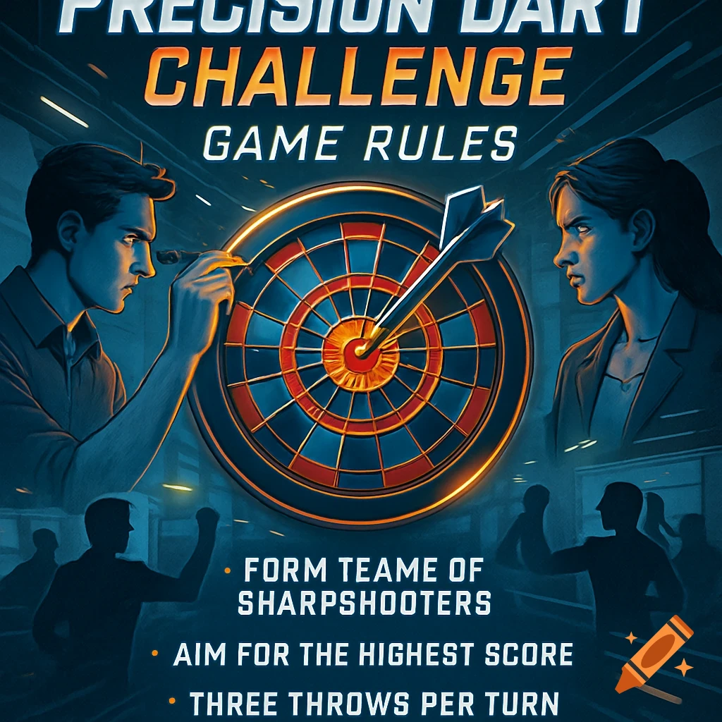 A stylized poster for a 'Precision Dart Challenge' showing a man and a woman looking at a dartboard with a dart hitting the bullseye. Game rules are listed below.