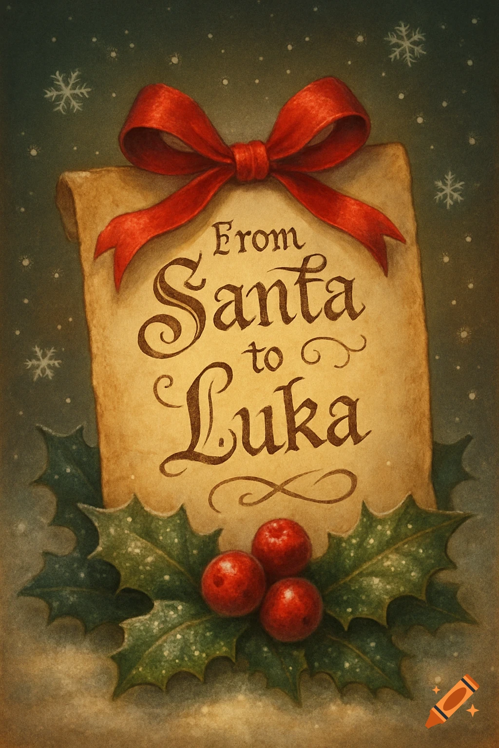 An illustrated Christmas card featuring a scroll with "From Santa to Luka" tied with a red bow and adorned with holly and snowflakes.
