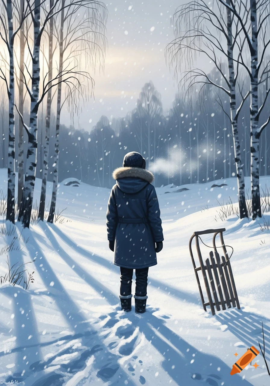 A person in a winter coat stands in a snowy forest with a sled beside them, under falling snow.