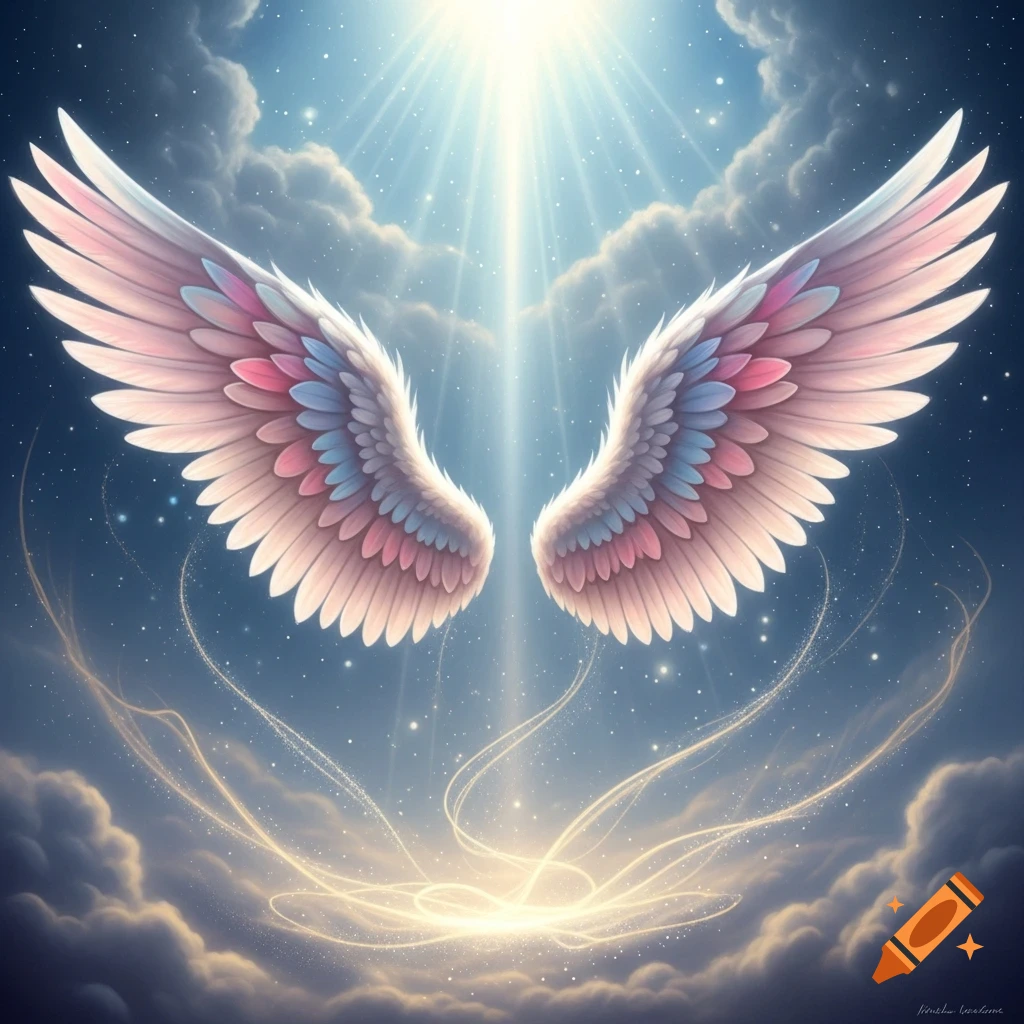 Two glowing, pastel-colored angel wings spread in a starry sky with clouds and bright divine light.