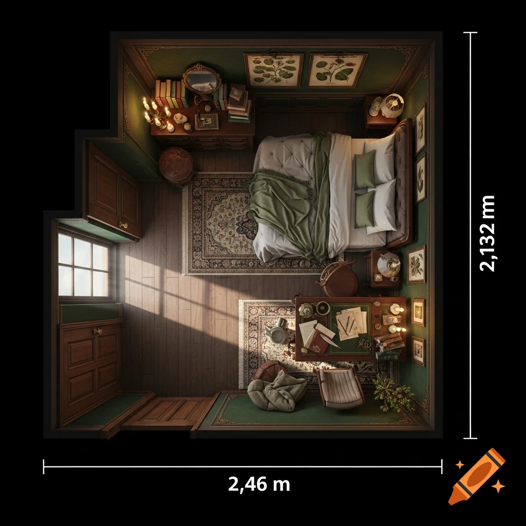 Overhead view of a dark academia bedroom and study with a bed, desk, window, and patterned rugs.