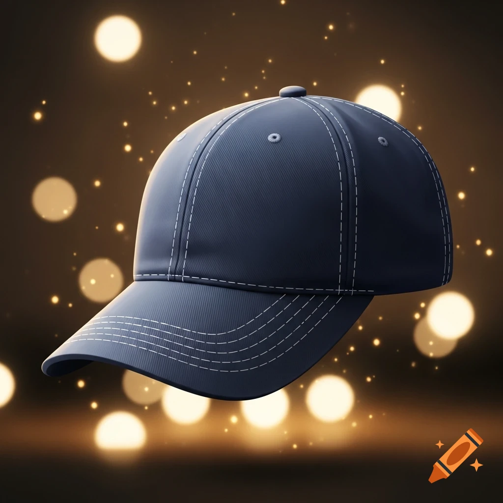 A dark blue baseball cap with white stitching floats against a blurry, warm-toned background with bokeh lights.