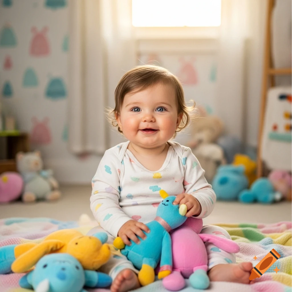 A smiling baby with blue eyes sits on a colorful blanket, surrounded by plush toys in a bright, soft-focus room.