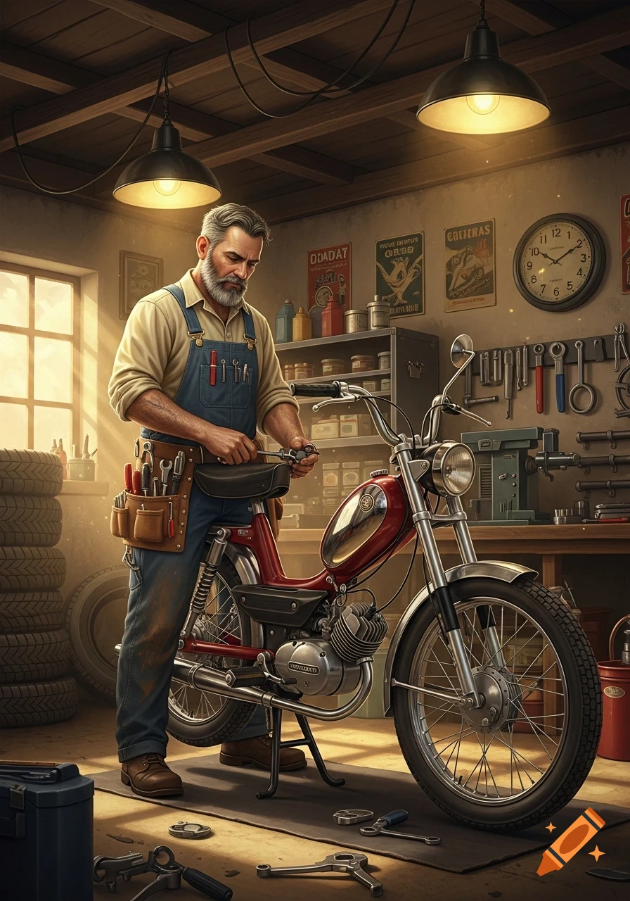 A bearded man in overalls works on a red moped in a detailed vintage-style garage.