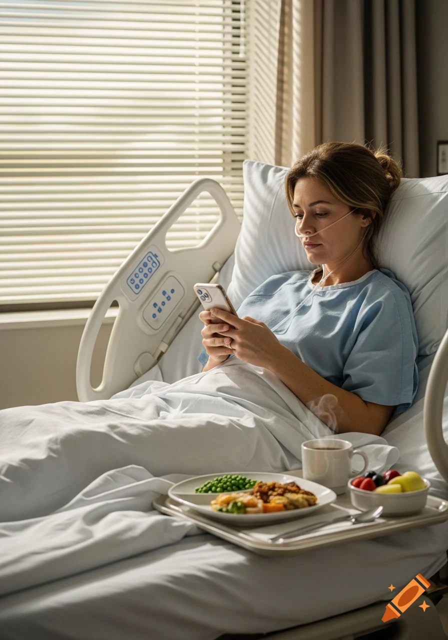 A photorealistic image of a woman in a hospital bed using her phone, with a meal tray beside her.