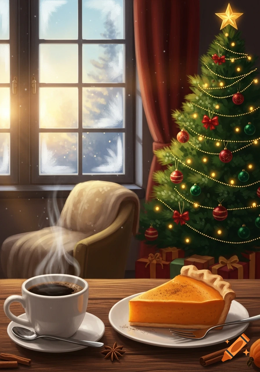 A steaming cup of coffee and pumpkin pie on a table by a frosted window, next to a decorated Christmas tree with presents.