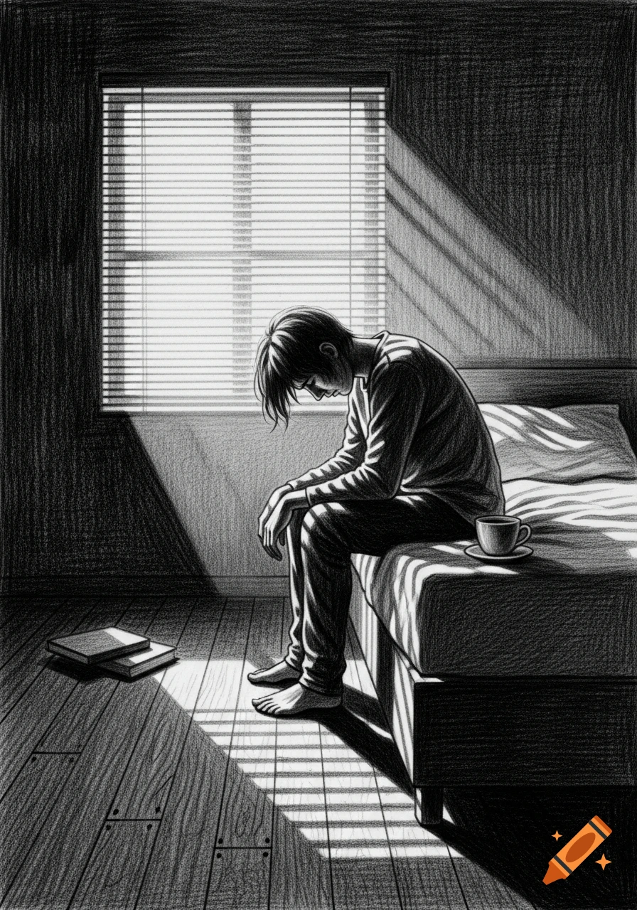 Pencil sketch of a person sitting on a bed in a somber room, head down, with sunlight streaming through a window.