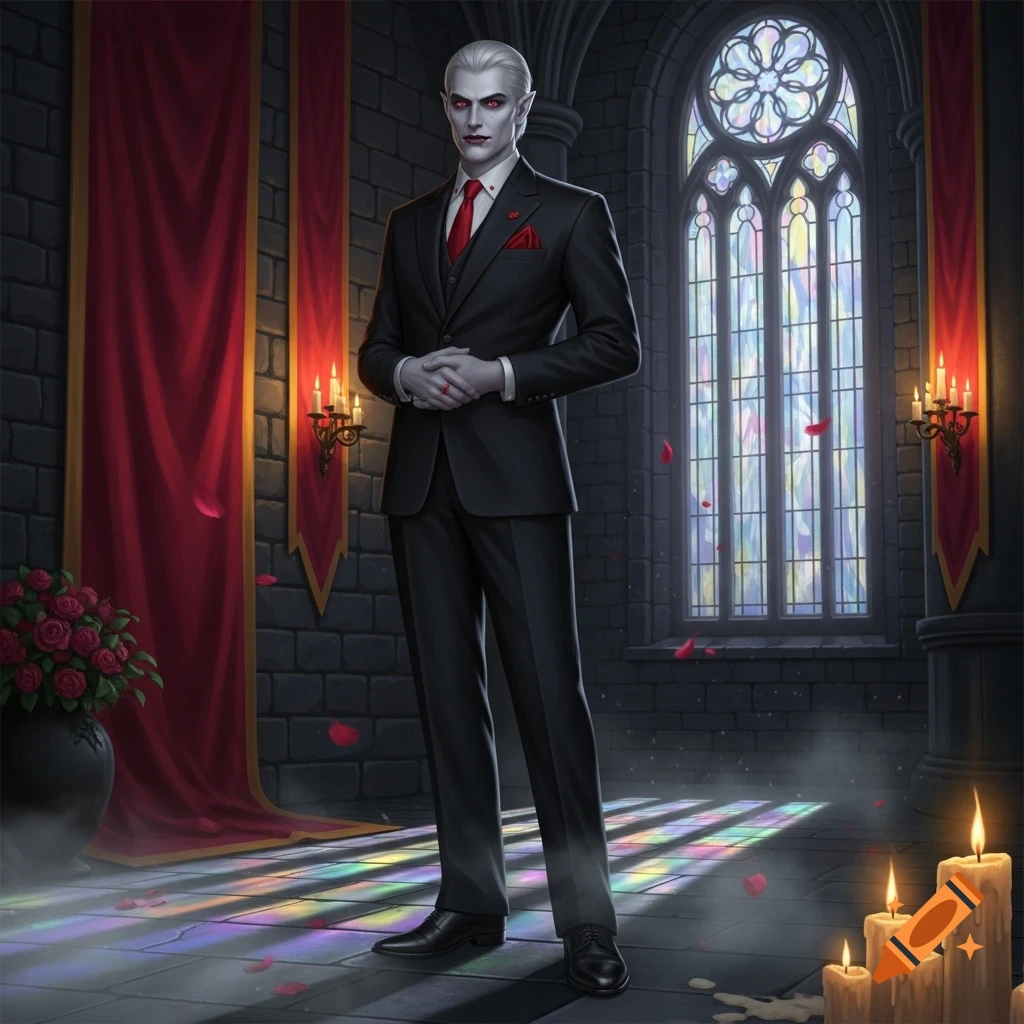 Pale vampire in a black suit with red accents stands in a gothic room with a stained glass window, red drapes, and candles.