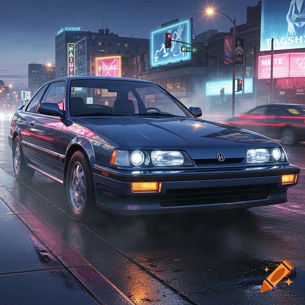A dark blue 1980s coupe parked on a wet city street at night, illuminated by neon signs and streetlights.