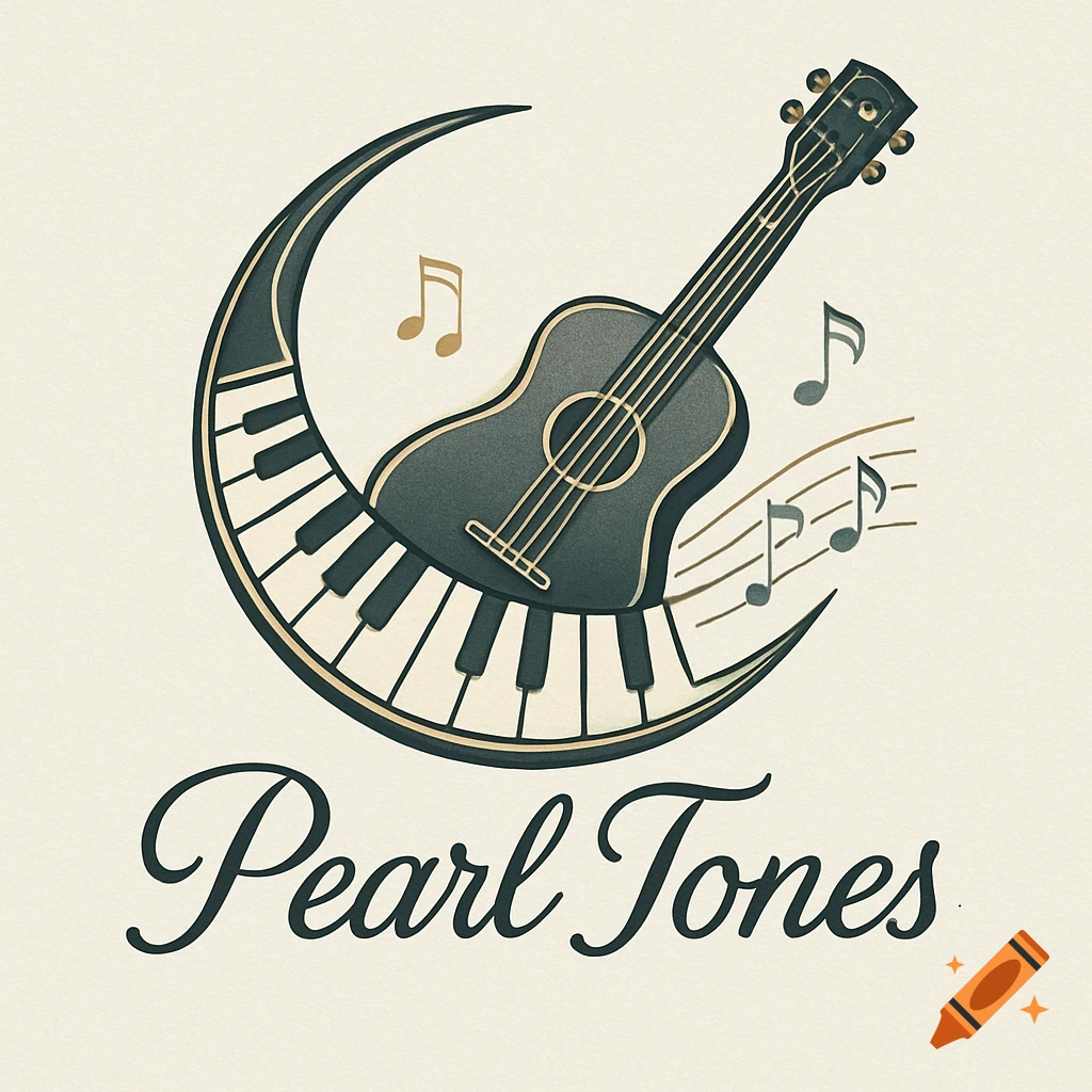 A logo featuring a dark guitar resting on a crescent moon shaped like a piano keyboard, with musical notes and 'Pearl Tones' text.