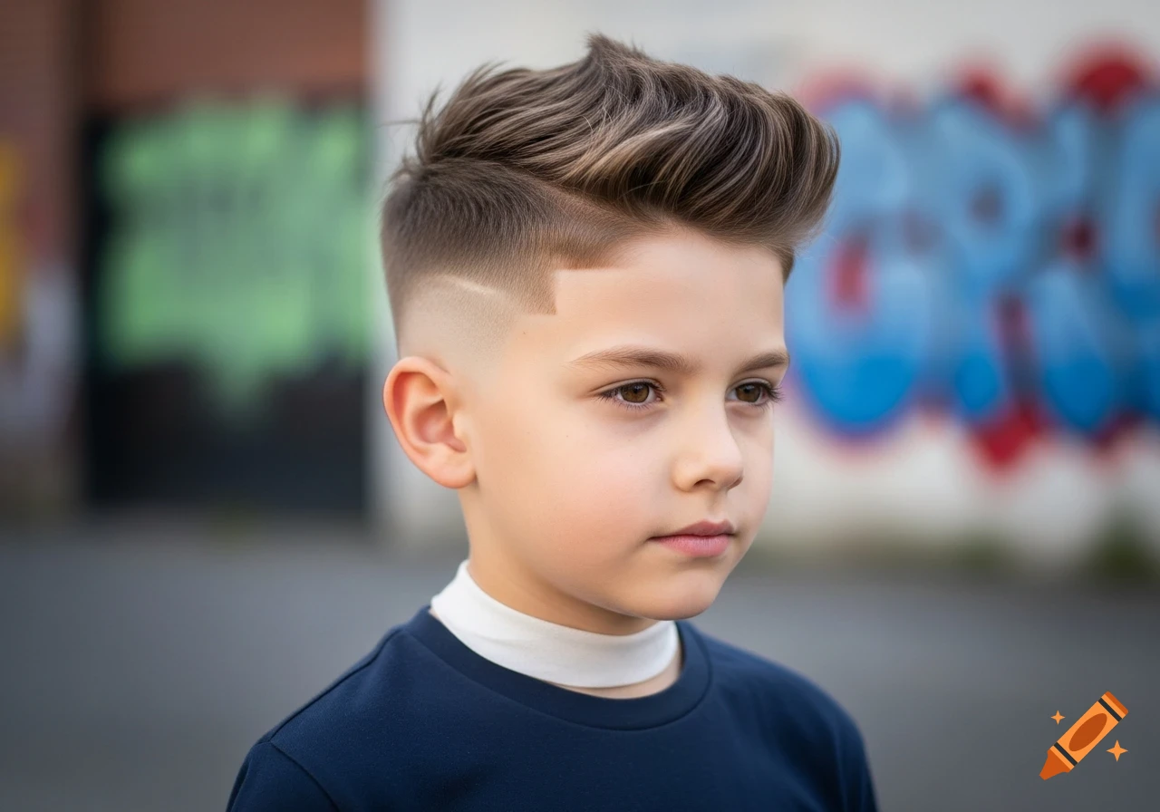 A photorealistic portrait of a young boy with a stylish textured crop and low fade haircut, looking right.