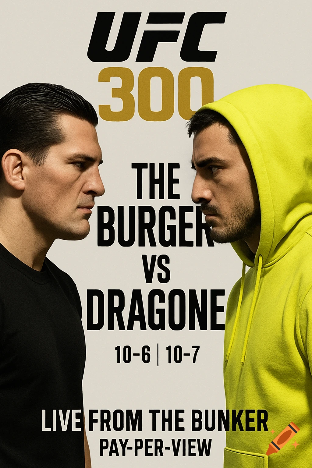 UFC 300 fight poster featuring two male fighters, 'The Burger' and 'Dragone', facing each other with fight details.