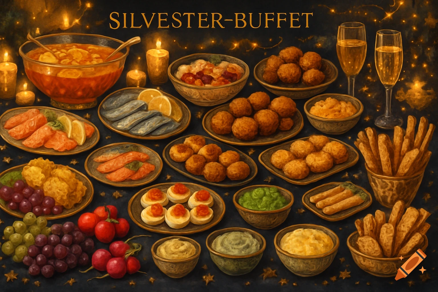 A festive buffet spread with dishes like meatballs, fish, deviled eggs, grapes, radishes, dips, and champagne under the text 'SILVESTER-BUFFET'.