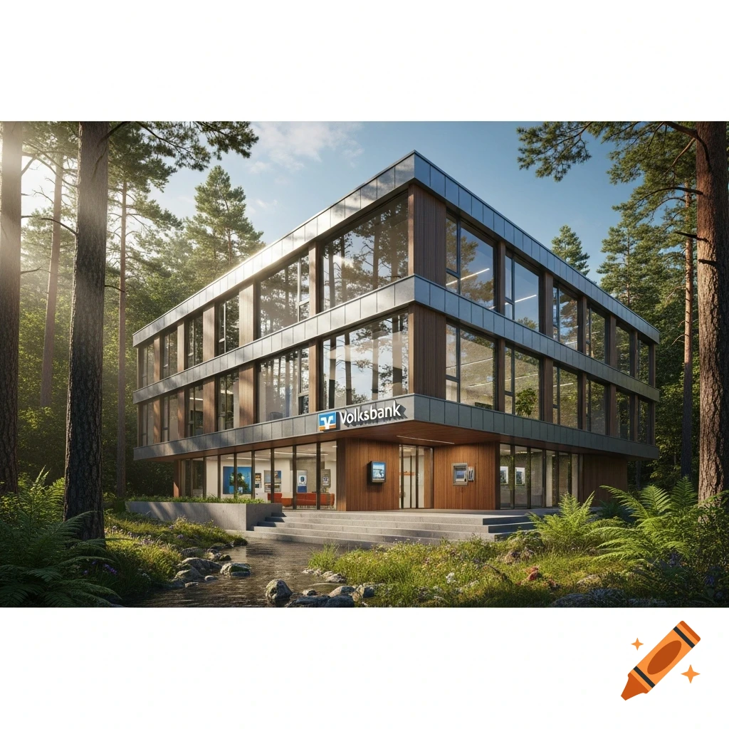 Photorealistic image of a modern Volksbank building with glass and wood facades, nestled in a lush forest with a stream.