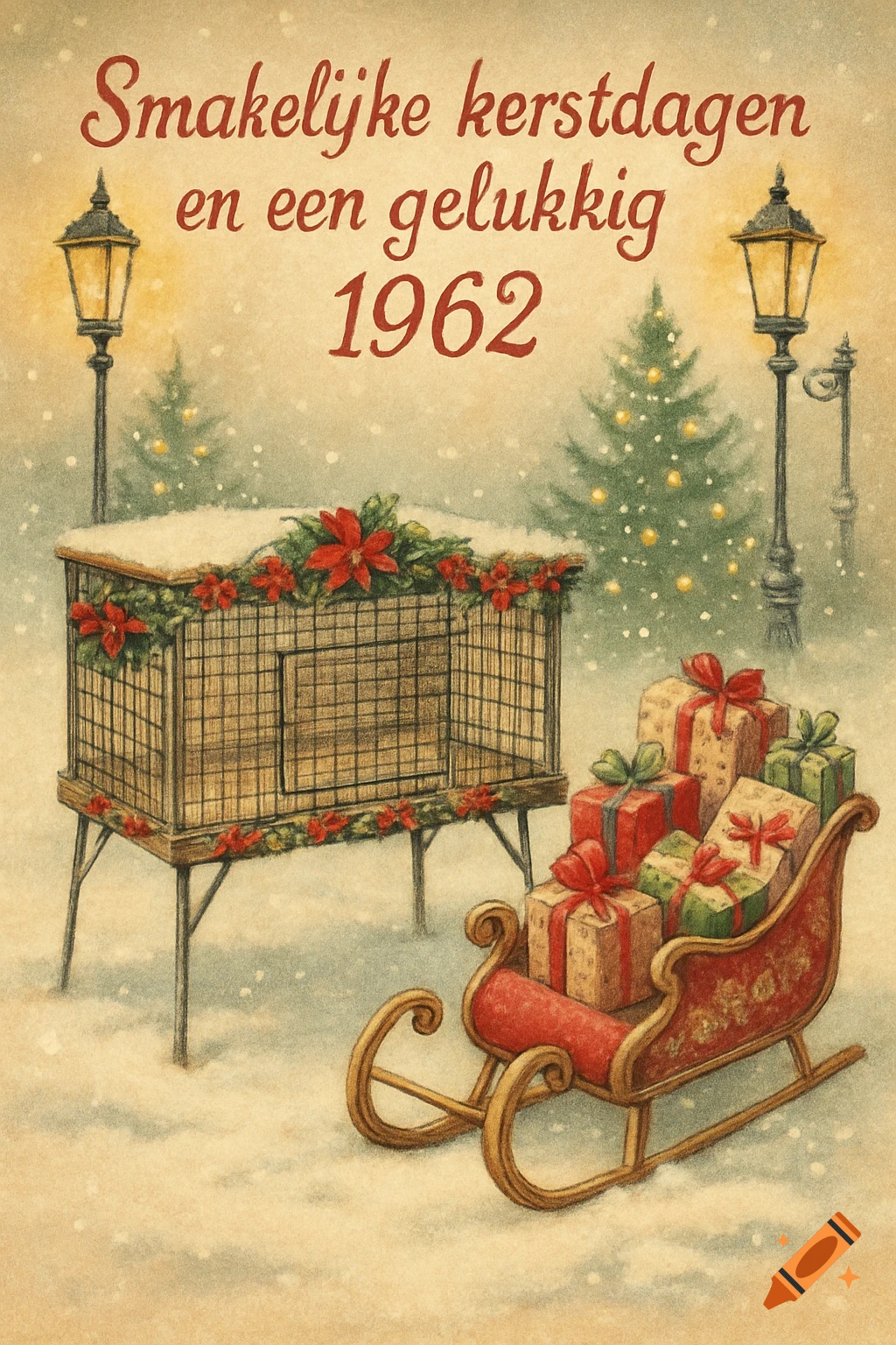 A vintage-style Christmas card illustration showing a snowy scene with an empty cage decorated with poinsettias, a red sleigh overflowing with gifts, and two street lamps, under the text 'Smakelijke kerstdagen en een gelukkig 1962'.