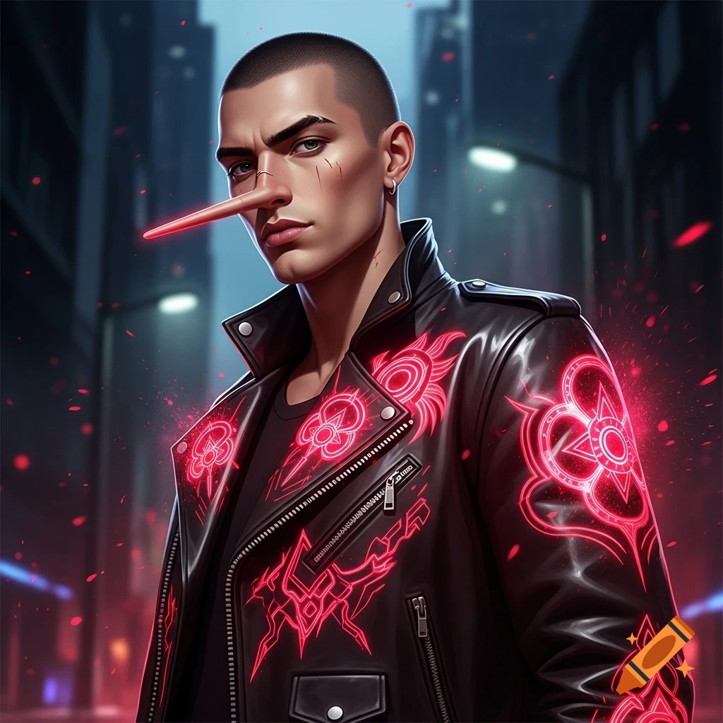 A young man with a shaved head and a long, glowing red Pinocchio nose wears a black leather jacket with neon red designs, standing in a dark city street.