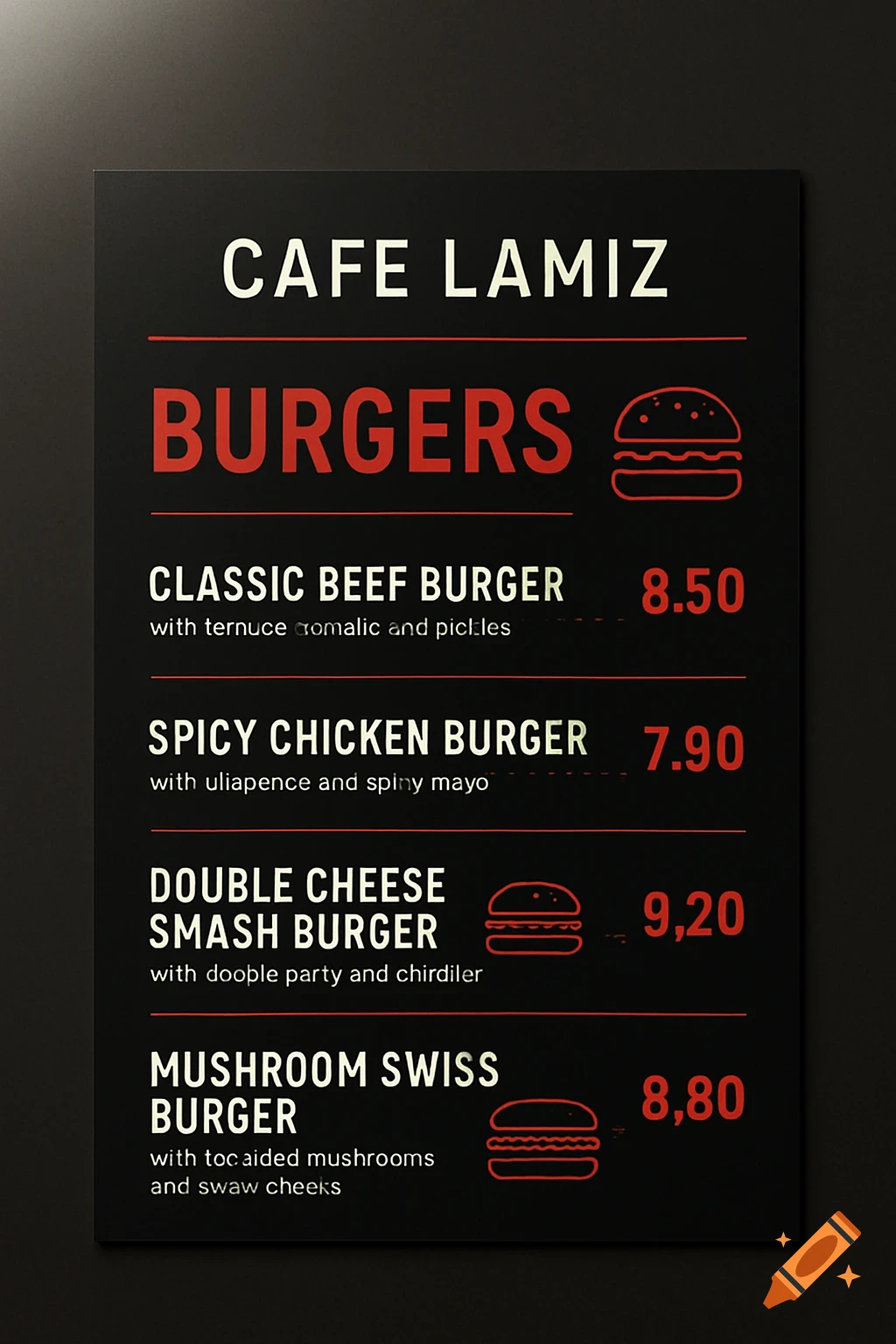 A modern black cafe menu for "Cafe Lamiz" featuring a burger section with four items and prices in red and white text on a black background.