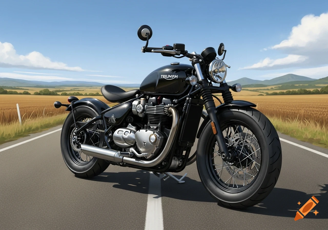 A black Triumph Bonneville Bobber motorcycle on a road, with golden fields and hills under a blue sky.