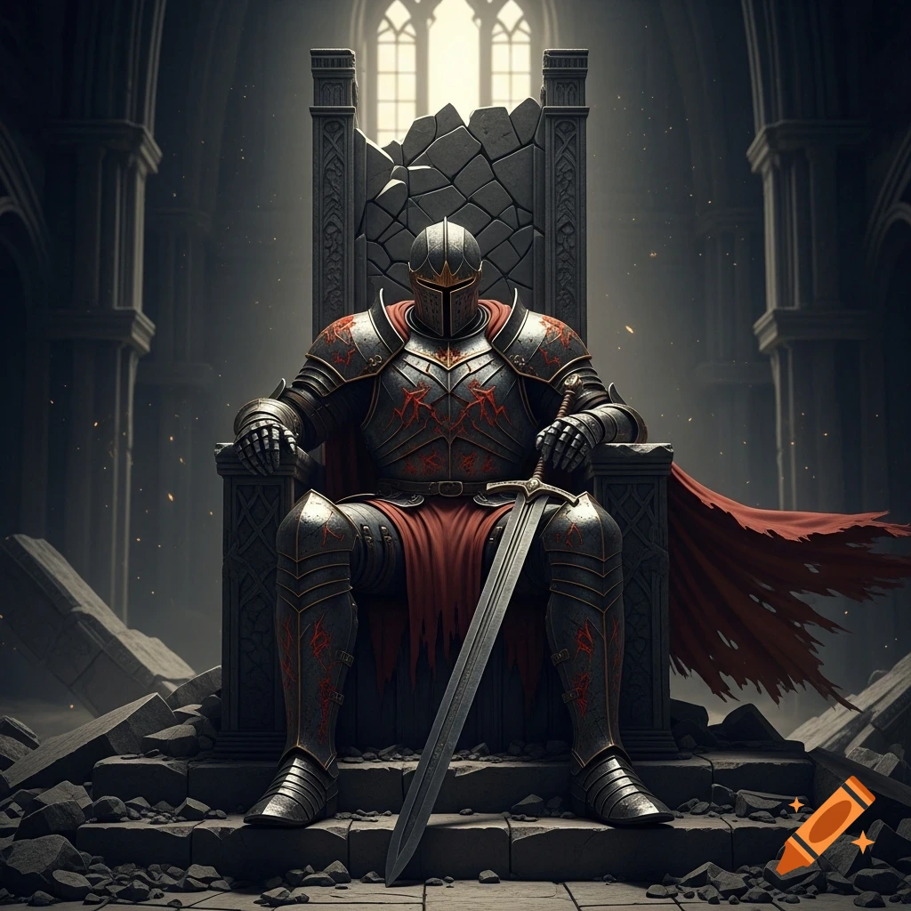 A dark fantasy knight in cracked black armor and a torn red cape sits on a broken stone throne in a ruined castle hall, sword resting between his feet.