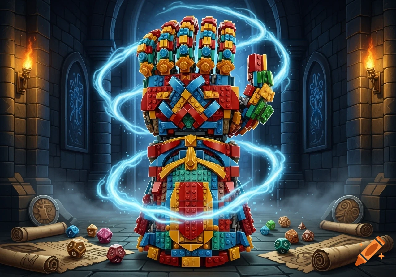 A vibrant Lego brick gauntlet crackles with blue energy in a dark dungeon, surrounded by D&D dice and ancient scrolls.