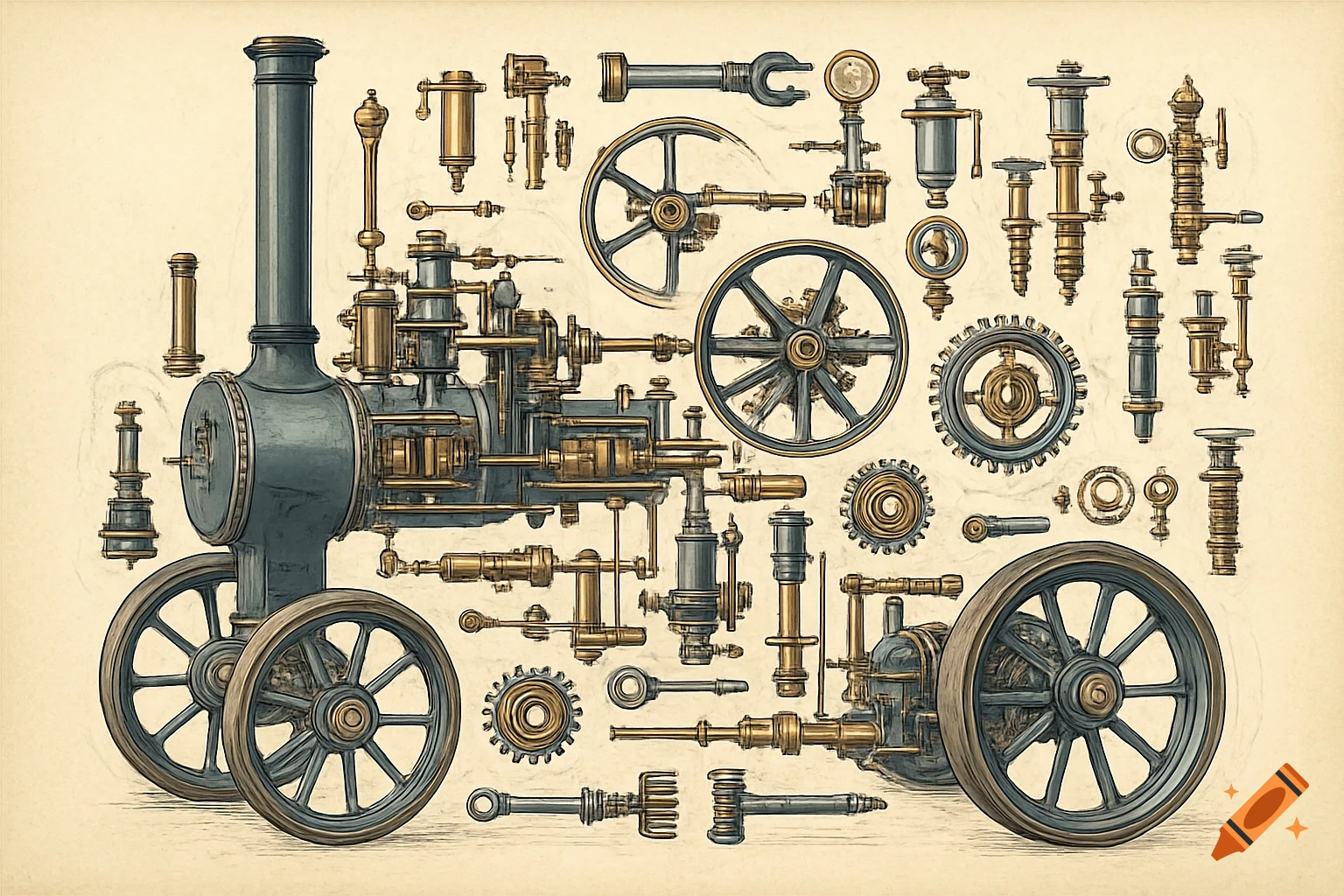 Illustrated exploded diagram of a vintage traction engine, showing mechanical components and gears.